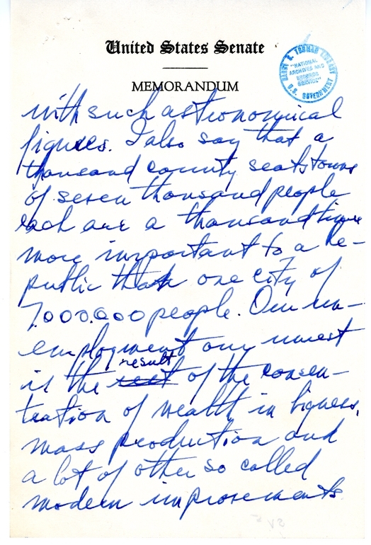 Handwritten Draft Speech of Senator Harry S. Truman, "Statesmanship in Finance"