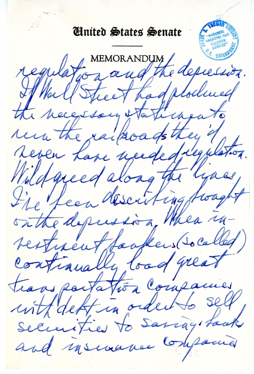 Handwritten Draft Speech of Senator Harry S. Truman, "Statesmanship in Finance"