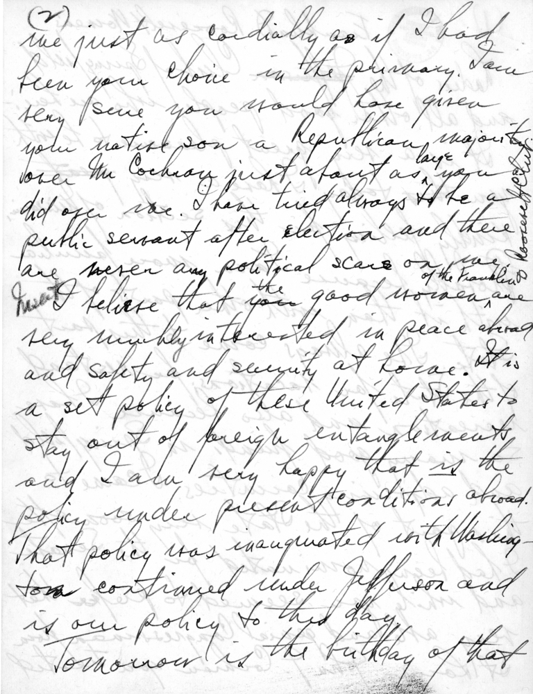 Handwritten Draft Speech of Senator Harry S. Truman to the Franklin D. Roosevelt Women's Club of Springfield, Missouri