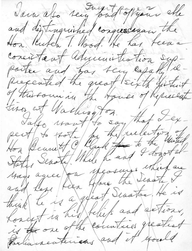 Handwritten Draft Speech of Senator Harry S. Truman to the Franklin D. Roosevelt Women's Club of Springfield, Missouri