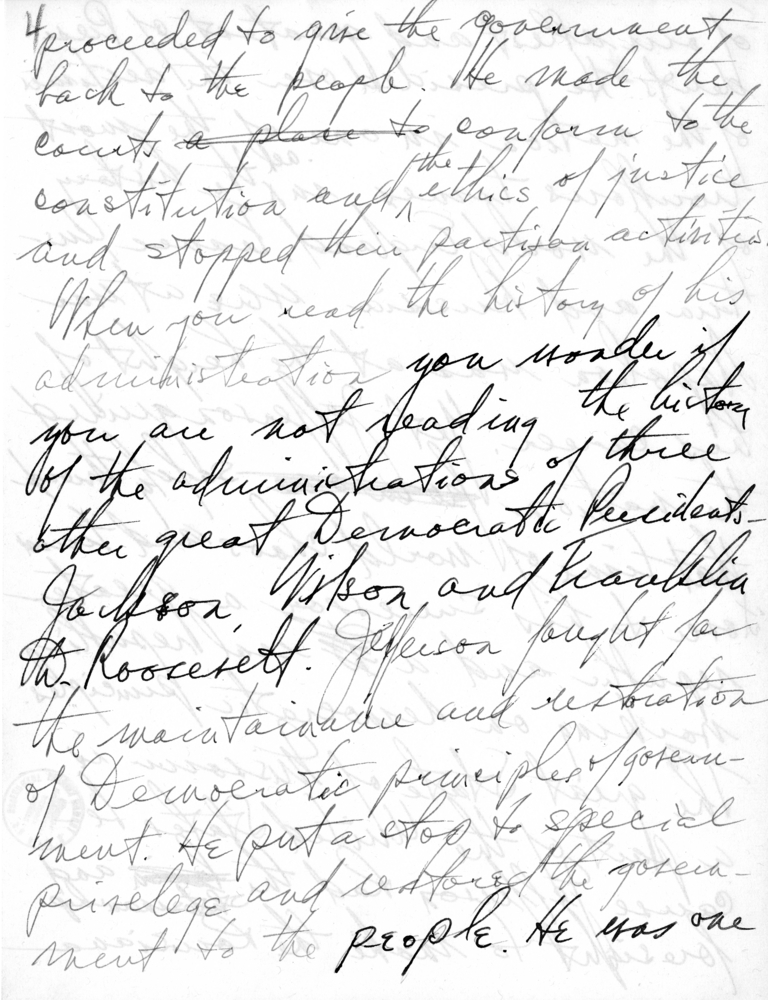 Handwritten Draft Speech of Senator Harry S. Truman to the Franklin D. Roosevelt Women's Club of Springfield, Missouri