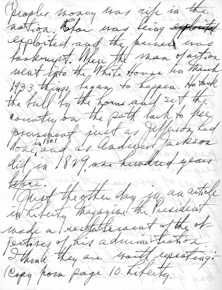 Handwritten Draft Speech of Senator Harry S. Truman to the Franklin D. Roosevelt Women's Club of Springfield, Missouri