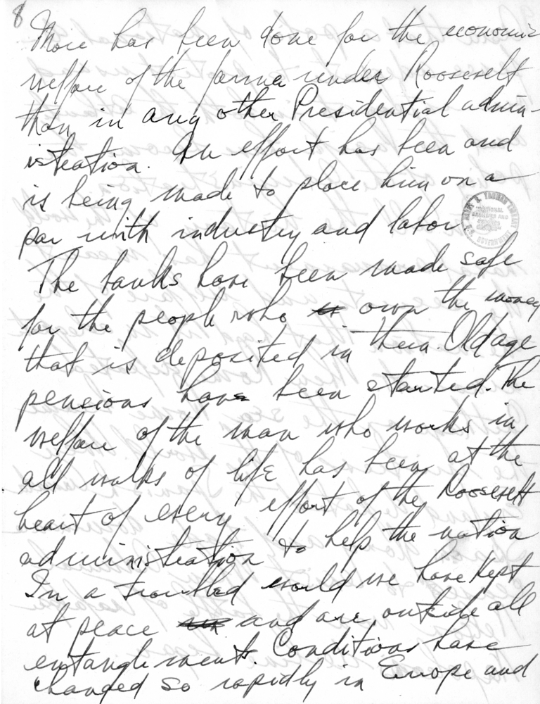 Handwritten Draft Speech of Senator Harry S. Truman to the Franklin D. Roosevelt Women's Club of Springfield, Missouri