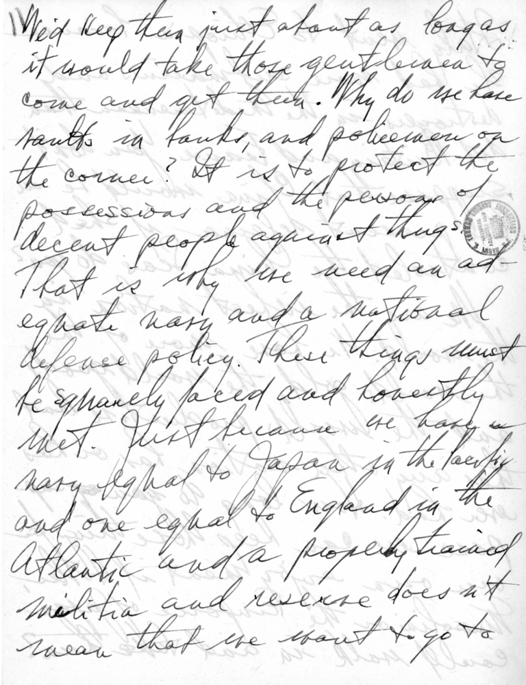 Handwritten Draft Speech of Senator Harry S. Truman to the Franklin D. Roosevelt Women's Club of Springfield, Missouri