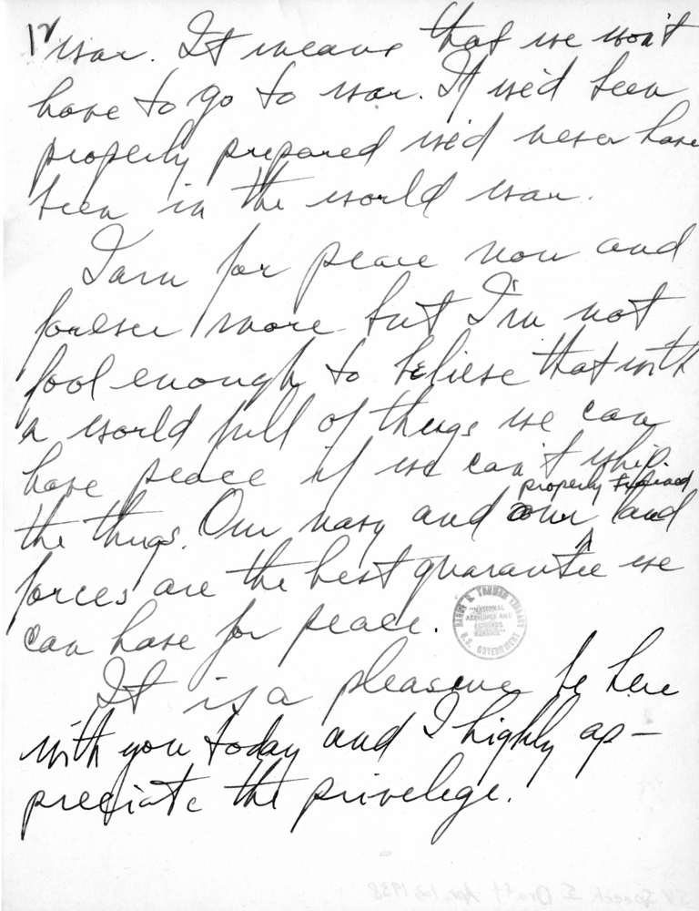Handwritten Draft Speech of Senator Harry S. Truman to the Franklin D. Roosevelt Women's Club of Springfield, Missouri