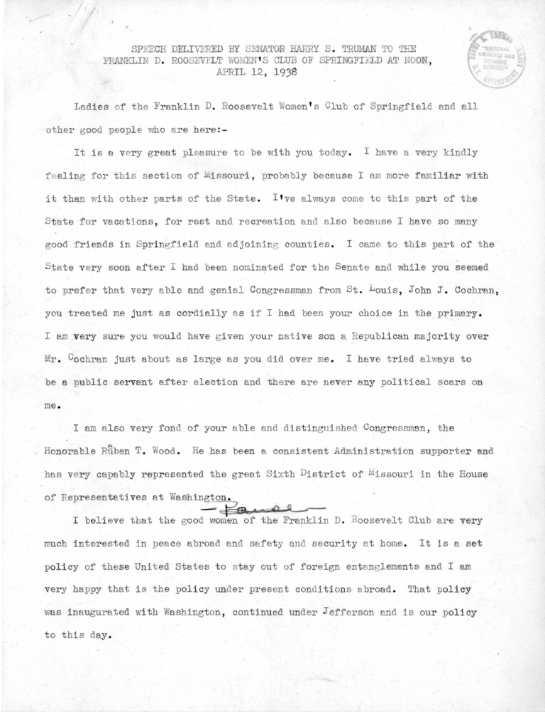 Speech Delivered by Senator Harry S. Truman to the Franklin D. Roosevelt Women's Club of Springfield, Missouri