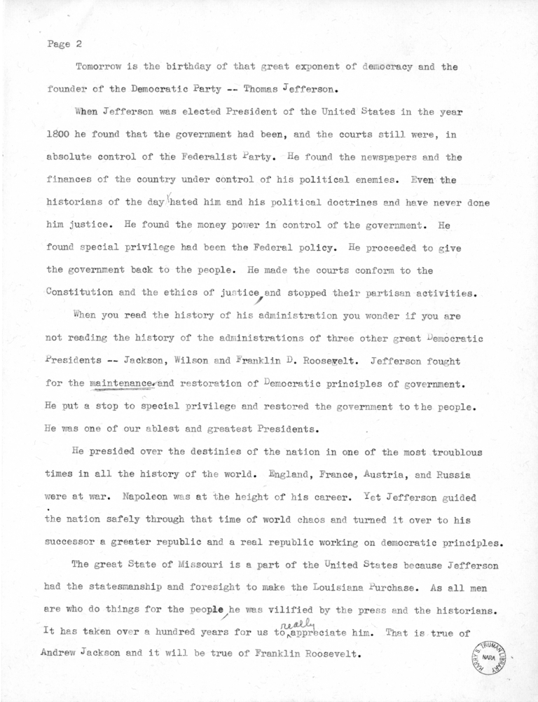 Speech Delivered by Senator Harry S. Truman to the Franklin D. Roosevelt Women's Club of Springfield, Missouri