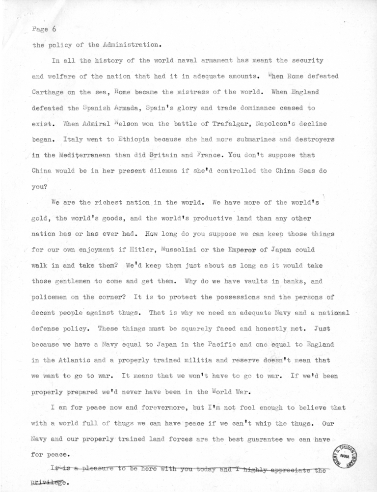 Speech Delivered by Senator Harry S. Truman to the Franklin D. Roosevelt Women's Club of Springfield, Missouri