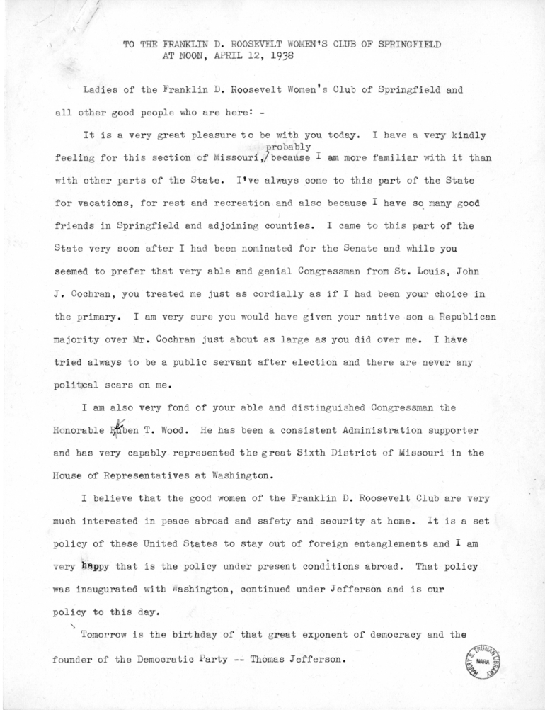 Draft Speech of Senator Harry S. Truman to the Franklin D. Roosevelt Women's Club of Springfield, Missouri