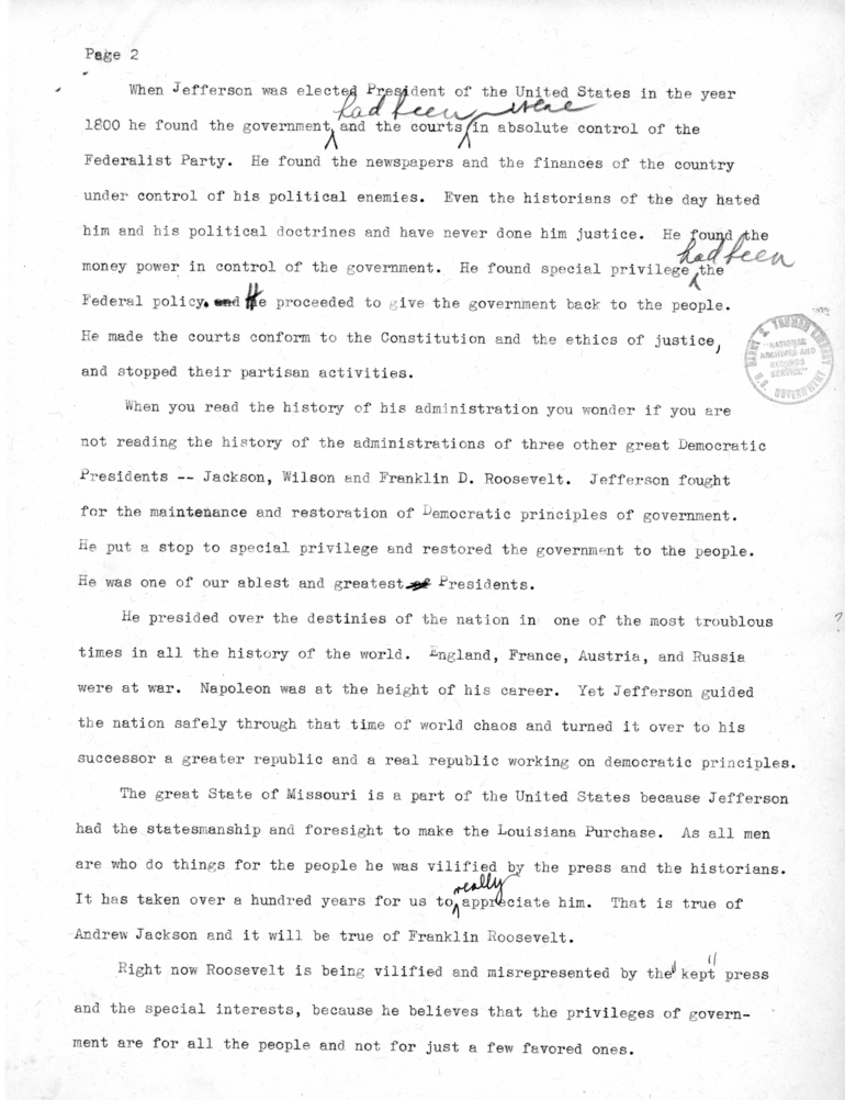 Draft Speech of Senator Harry S. Truman to the Franklin D. Roosevelt Women's Club of Springfield, Missouri