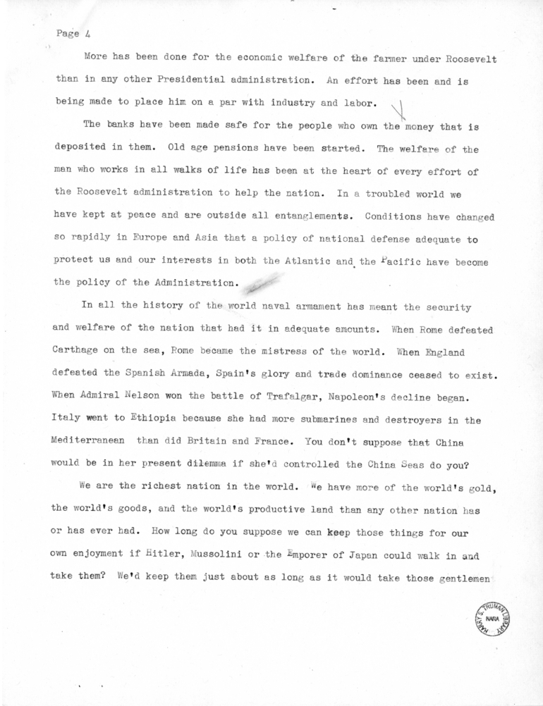 Draft Speech of Senator Harry S. Truman to the Franklin D. Roosevelt Women's Club of Springfield, Missouri