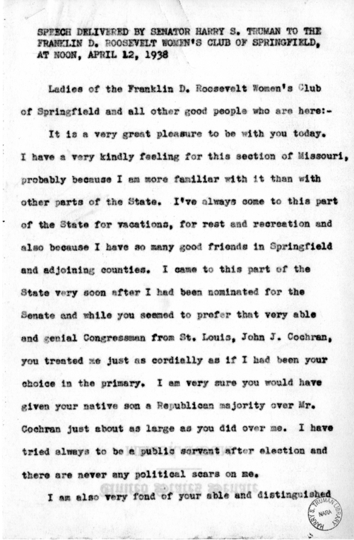 Speech Delivered by Senator Harry S. Truman to the Franklin D. Roosevelt Women's Club of Springfield, Missouri