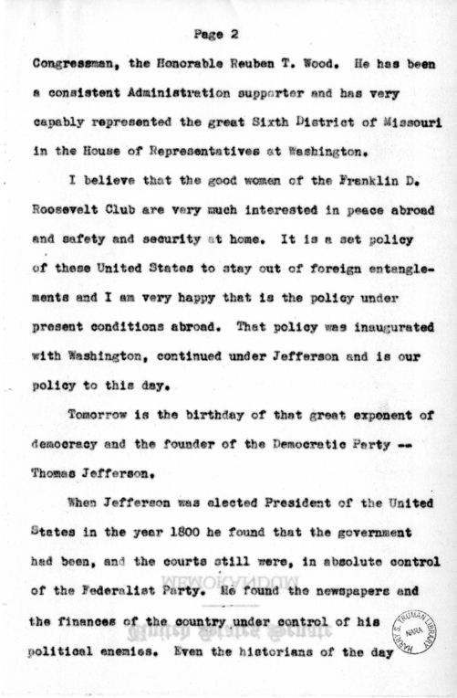 Speech Delivered by Senator Harry S. Truman to the Franklin D. Roosevelt Women's Club of Springfield, Missouri