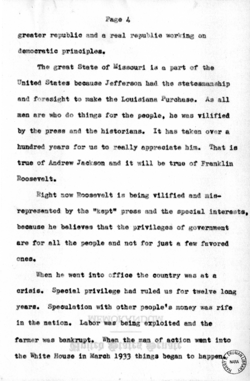 Speech Delivered by Senator Harry S. Truman to the Franklin D. Roosevelt Women's Club of Springfield, Missouri