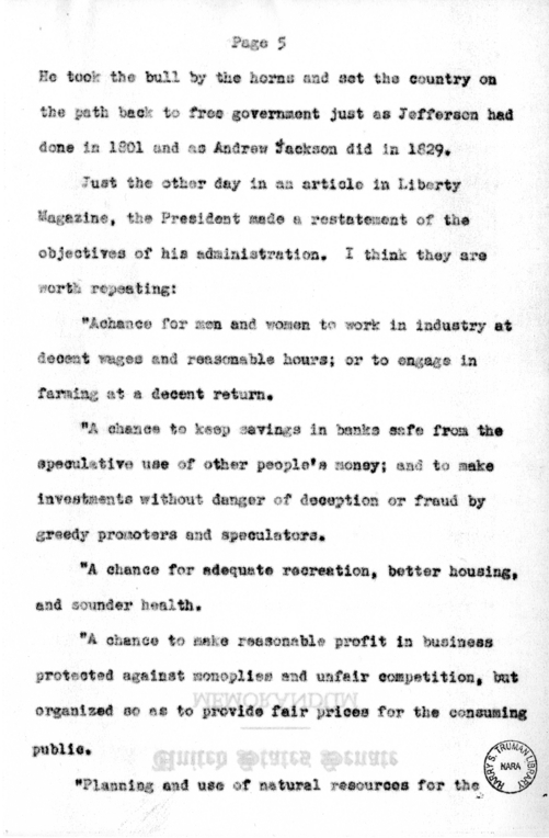Speech Delivered by Senator Harry S. Truman to the Franklin D. Roosevelt Women's Club of Springfield, Missouri