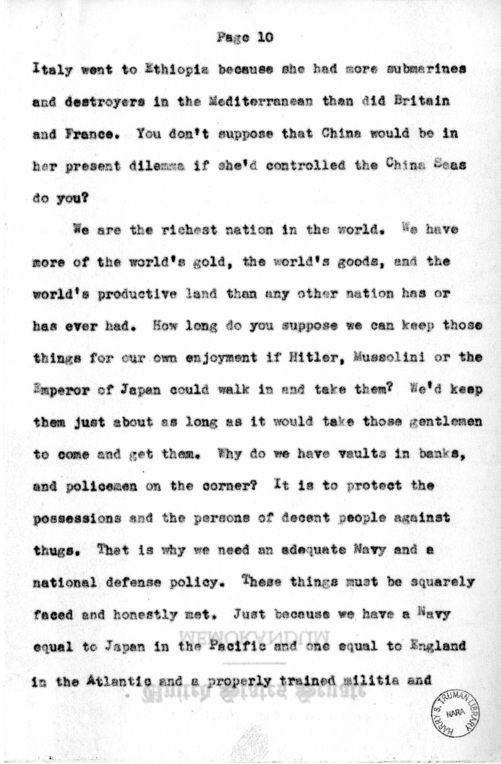 Speech Delivered by Senator Harry S. Truman to the Franklin D. Roosevelt Women's Club of Springfield, Missouri