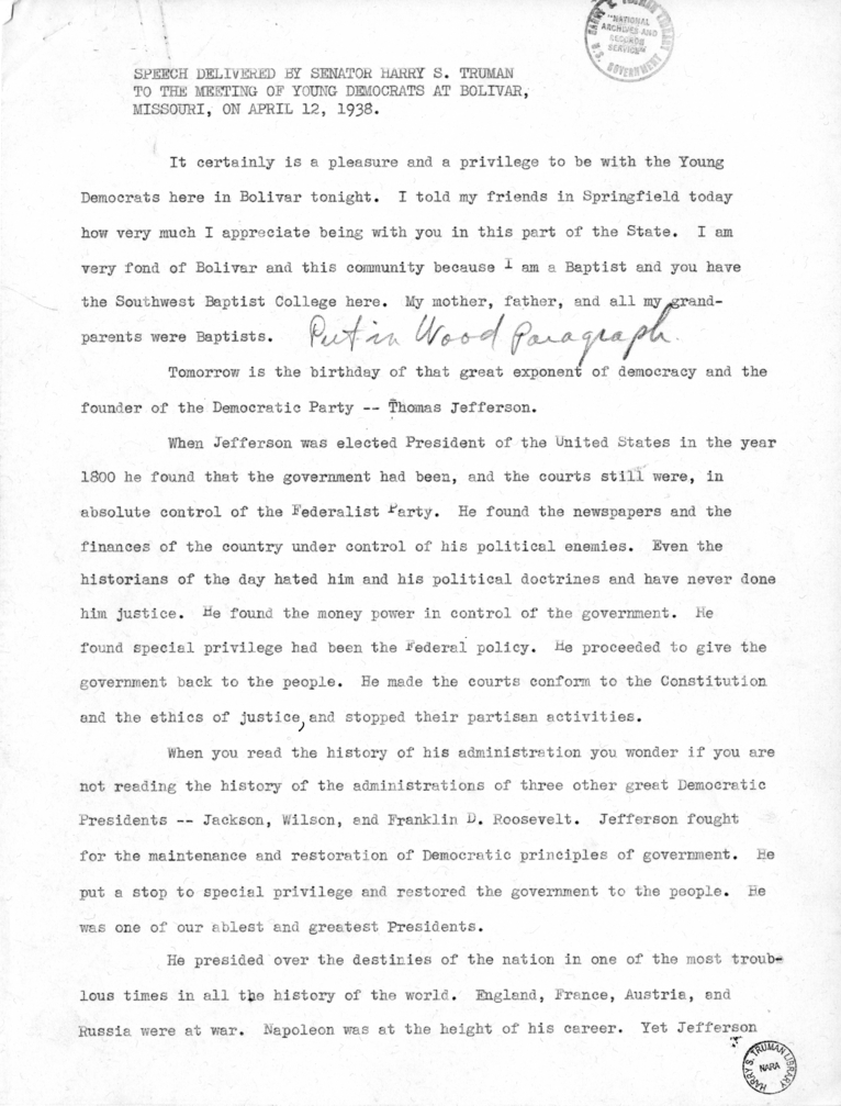 Speech Delivered by Senator Harry S. Truman to the Meeting of Young Democrats at Bolivar, Missouri