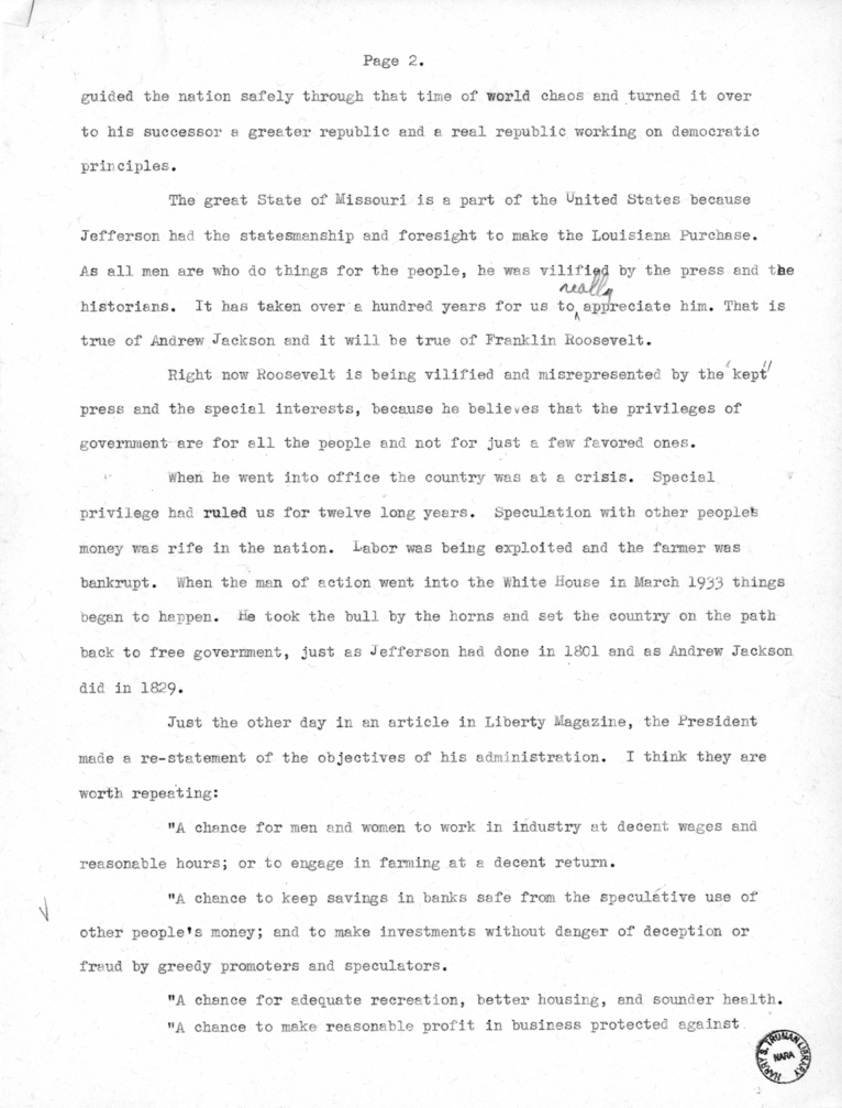 Speech Delivered by Senator Harry S. Truman to the Meeting of Young Democrats at Bolivar, Missouri