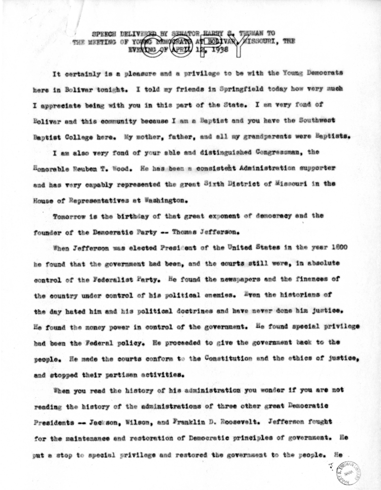 Speech of Senator Harry S. Truman to the Meeting of Young Democrats at Bolivar, Missouri