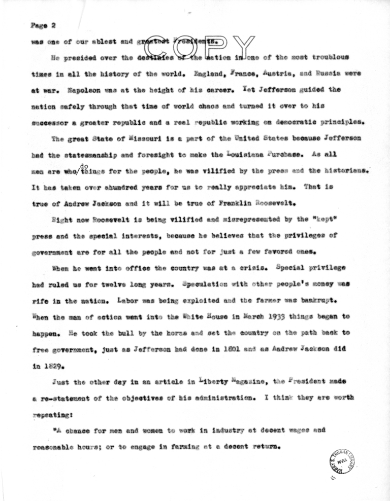 Speech of Senator Harry S. Truman to the Meeting of Young Democrats at Bolivar, Missouri