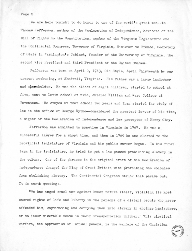 Speech Delivered by Senator Harry S. Truman to the Members of the Jefferson Club of Clinton, Missouri