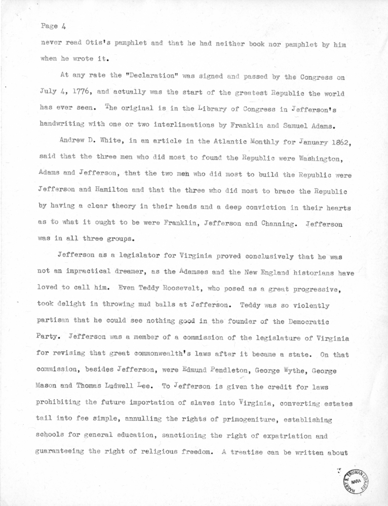 Speech Delivered by Senator Harry S. Truman to the Members of the Jefferson Club of Clinton, Missouri