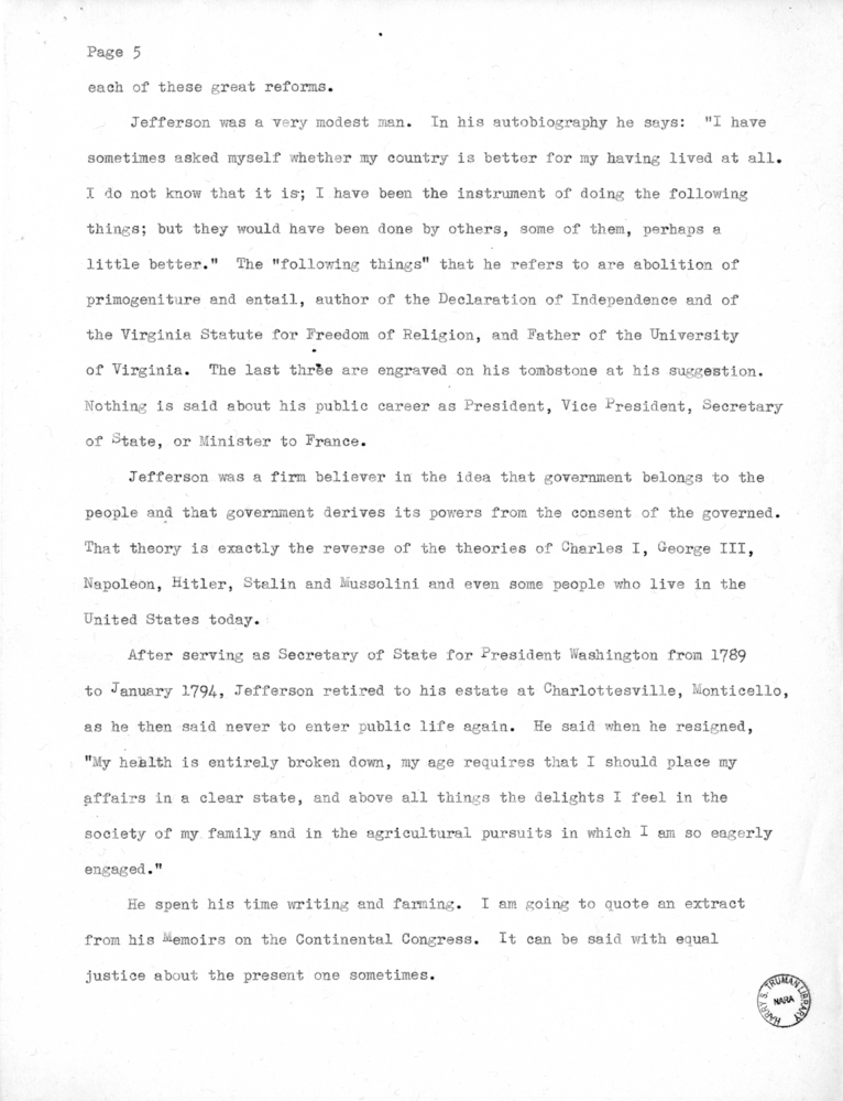 Speech Delivered by Senator Harry S. Truman to the Members of the Jefferson Club of Clinton, Missouri