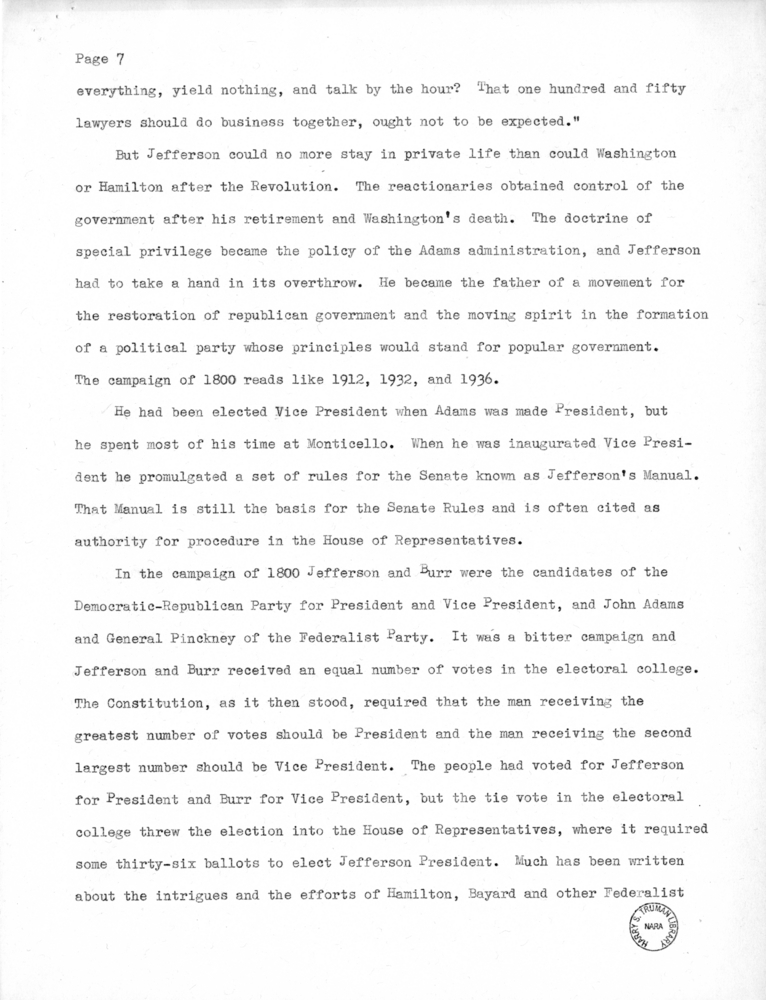 Speech Delivered by Senator Harry S. Truman to the Members of the Jefferson Club of Clinton, Missouri