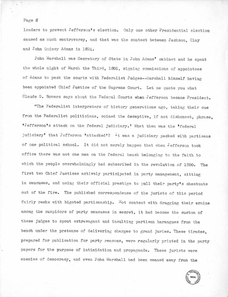 Speech Delivered by Senator Harry S. Truman to the Members of the Jefferson Club of Clinton, Missouri