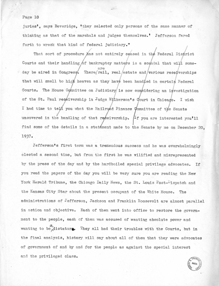 Speech Delivered by Senator Harry S. Truman to the Members of the Jefferson Club of Clinton, Missouri