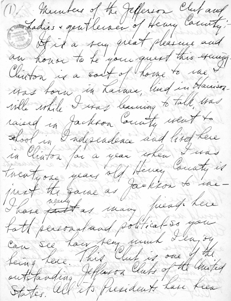Handwritten Draft of Speech of Senator Harry S. Truman to the Jefferson Club, Clinton, Missouri