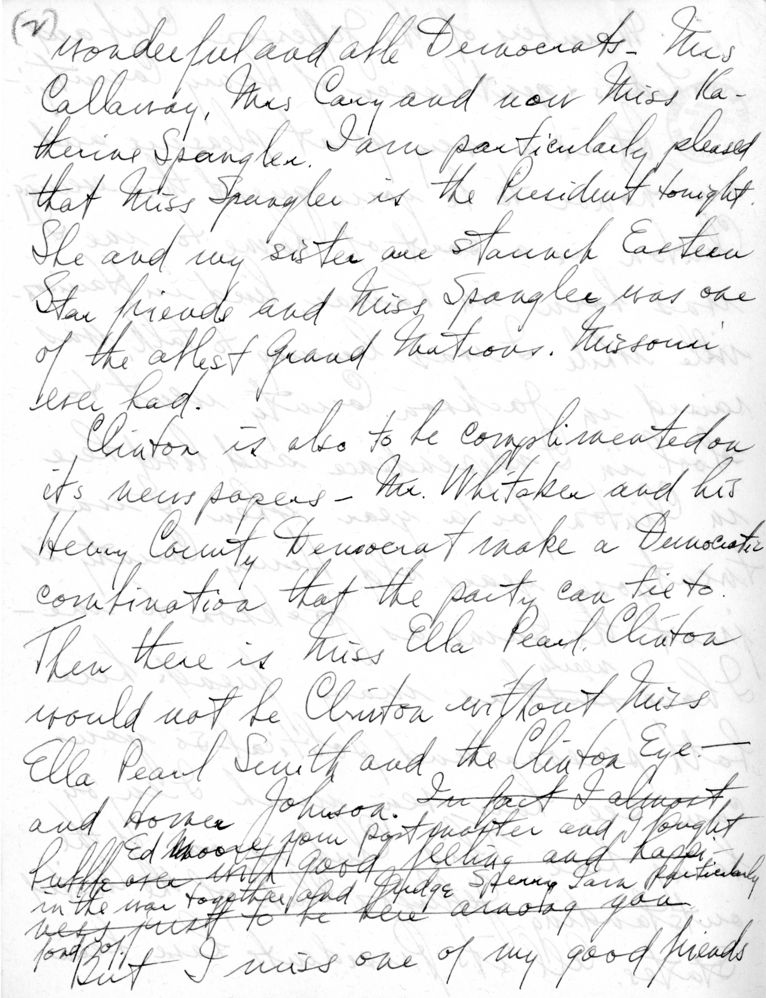 Handwritten Draft of Speech of Senator Harry S. Truman to the Jefferson Club, Clinton, Missouri