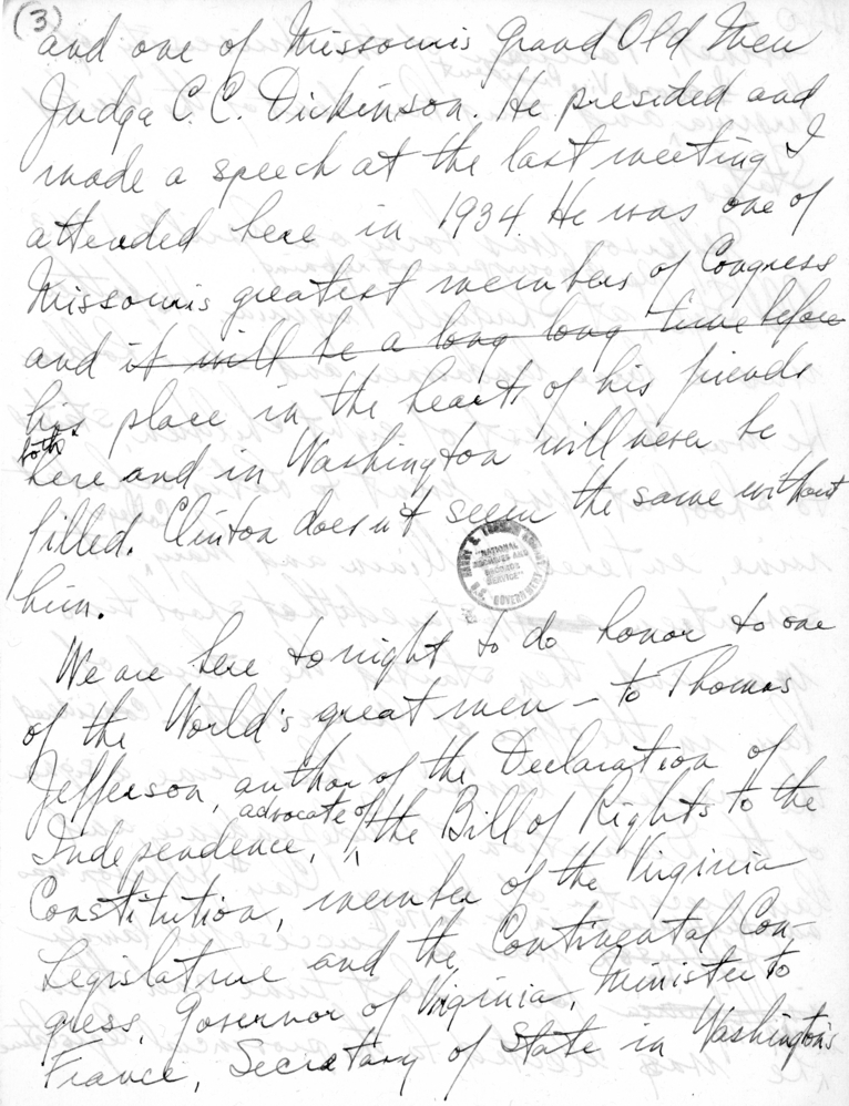 Handwritten Draft of Speech of Senator Harry S. Truman to the Jefferson Club, Clinton, Missouri