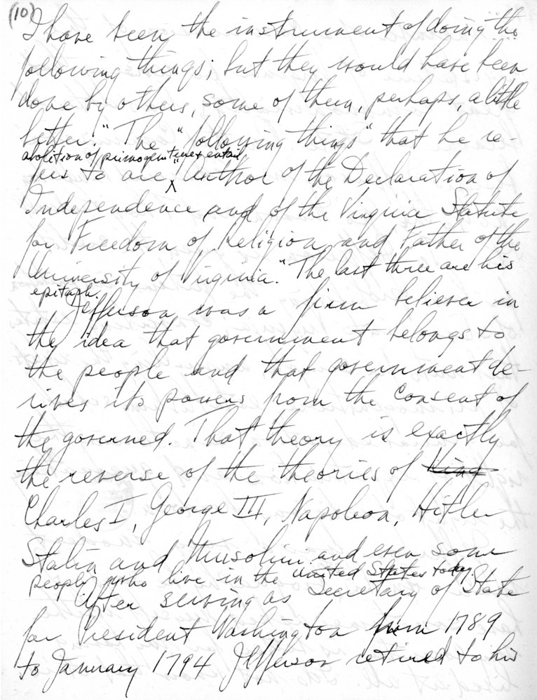 Handwritten Draft of Speech of Senator Harry S. Truman to the Jefferson Club, Clinton, Missouri