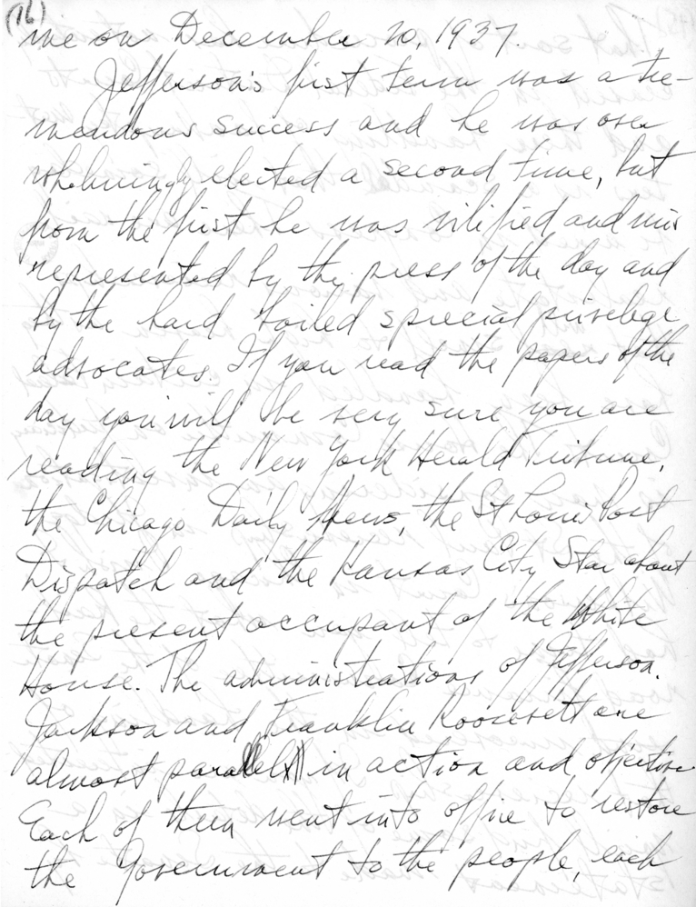 Handwritten Draft of Speech of Senator Harry S. Truman to the Jefferson Club, Clinton, Missouri