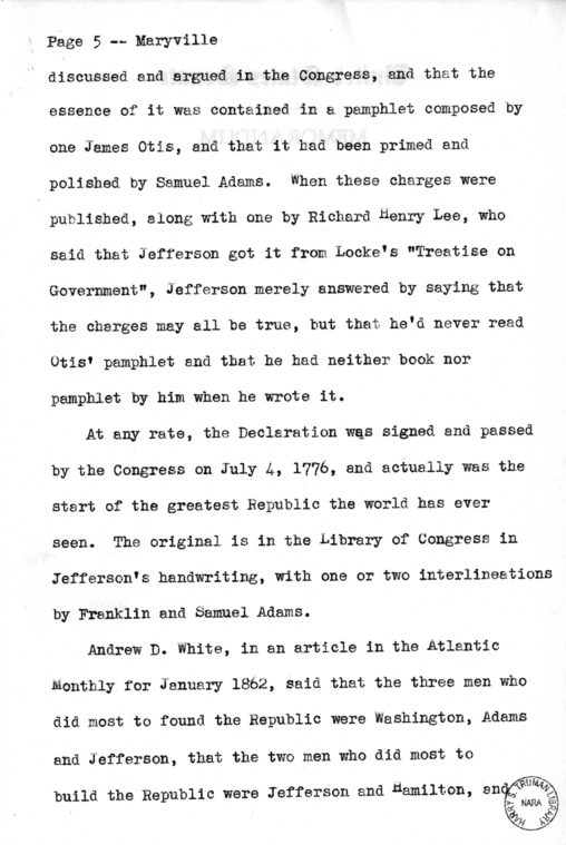 Draft Speech of Senator Harry S. Truman Delivered at Maryville, Missouri