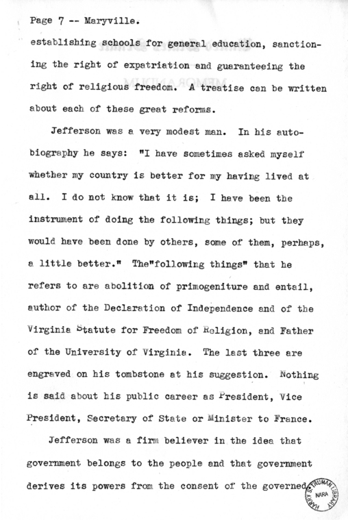Draft Speech of Senator Harry S. Truman Delivered at Maryville, Missouri