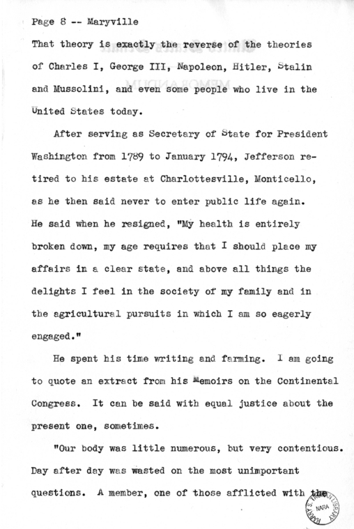 Draft Speech of Senator Harry S. Truman Delivered at Maryville, Missouri