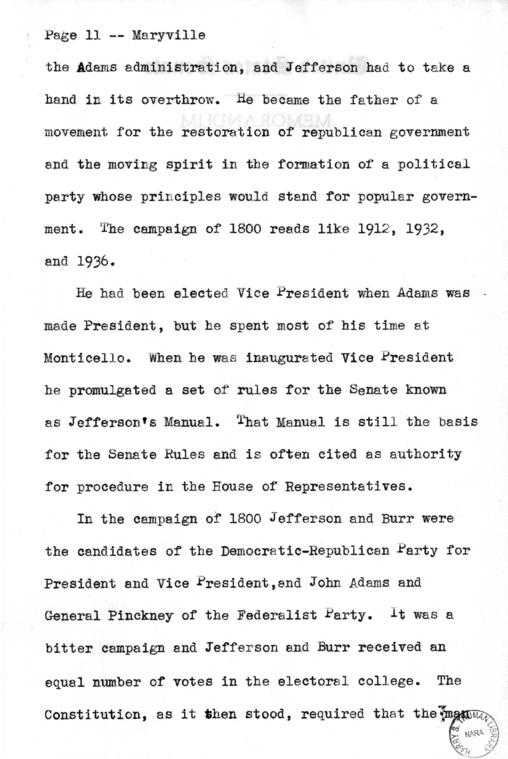 Draft Speech of Senator Harry S. Truman Delivered at Maryville, Missouri