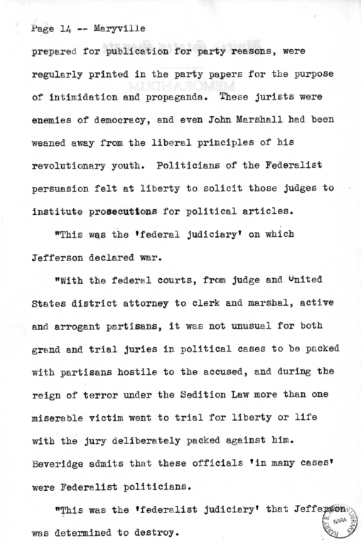 Draft Speech of Senator Harry S. Truman Delivered at Maryville, Missouri