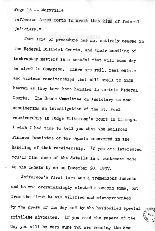 Draft Speech of Senator Harry S. Truman Delivered at Maryville, Missouri
