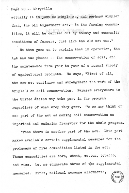 Draft Speech of Senator Harry S. Truman Delivered at Maryville, Missouri