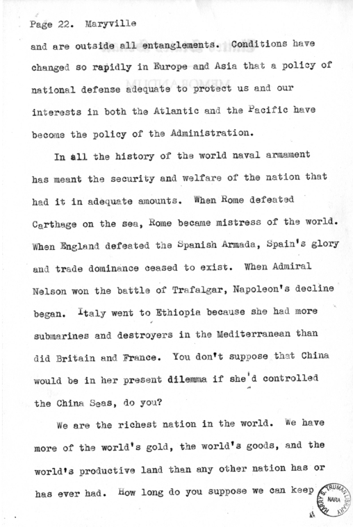 Draft Speech of Senator Harry S. Truman Delivered at Maryville, Missouri