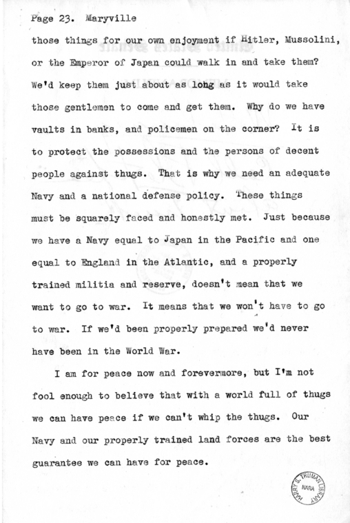 Draft Speech of Senator Harry S. Truman Delivered at Maryville, Missouri