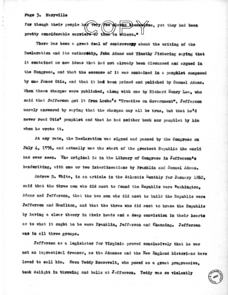 Speech Delivered by Senator Harry S. Truman at Maryville, Missouri
