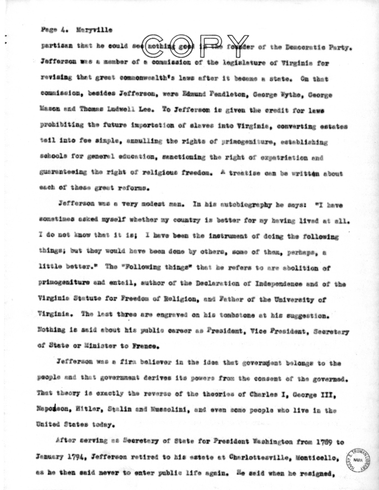 Speech Delivered by Senator Harry S. Truman at Maryville, Missouri
