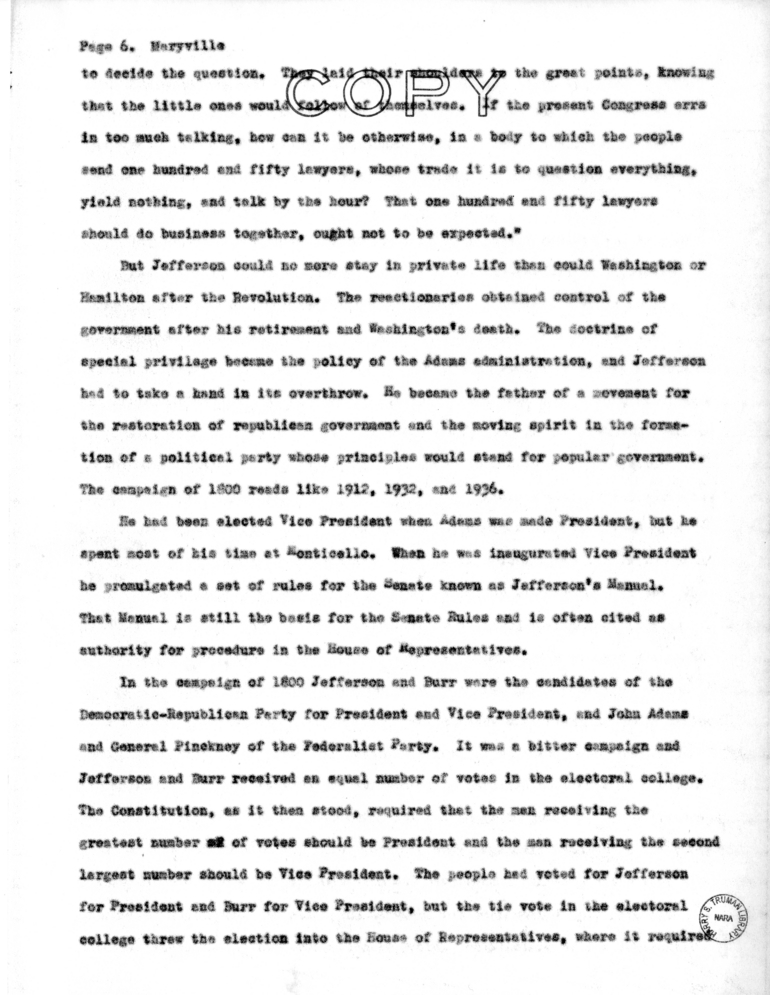 Speech Delivered by Senator Harry S. Truman at Maryville, Missouri