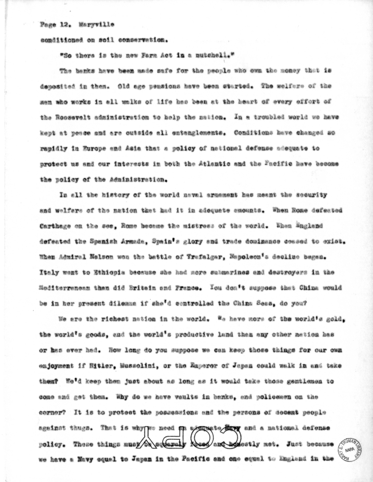 Speech Delivered by Senator Harry S. Truman at Maryville, Missouri