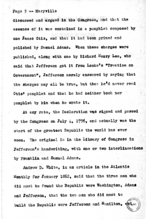 Speech of Senator Harry S. Truman at Maryville, Missouri