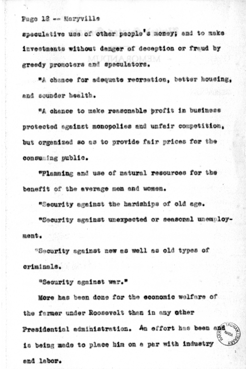 Speech of Senator Harry S. Truman at Maryville, Missouri